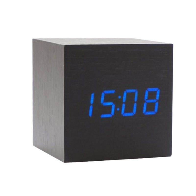 Onerbuy Wooden Digital Cube Alarm Clock Touch Sound Activated Desk Clock Portable Travel Clock with LCD Display for Time, Temperature, Calendar, 3 Alarm Settings (Black) - Image 1